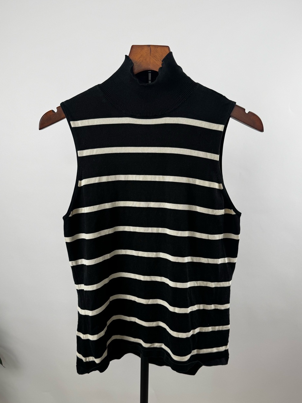 Lauren Ralph Lauren Black Ivory Striped Sleeveless Mock Neck Top M - Picture 4 of 16